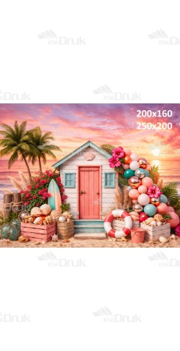 Tło fotograficzne „Kolorowa chatka na plaży o zachodzie słońca z balonami i muszlami” | 4040